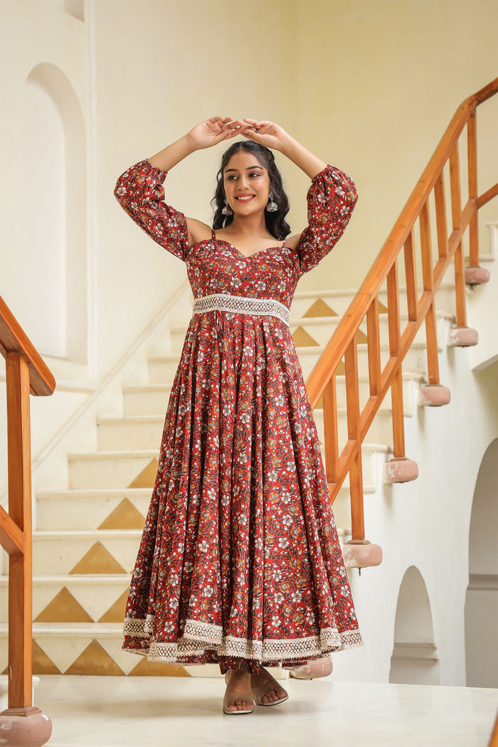 Maroon Cotton Floral Printed Gown Set