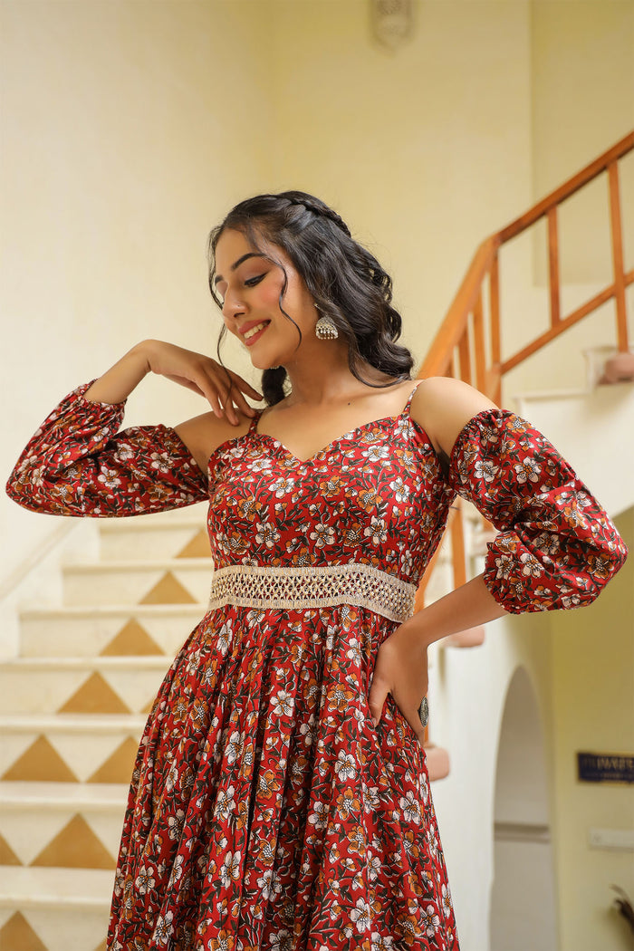 Maroon Cotton Floral Printed Gown Set