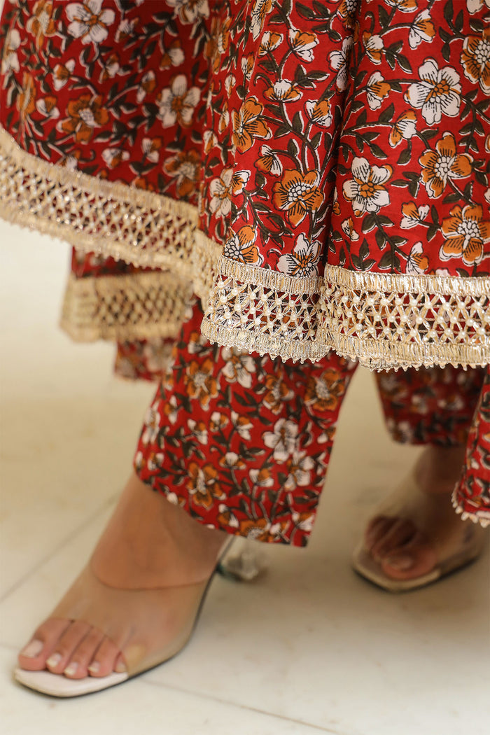 Maroon Cotton Floral Printed Gown Set