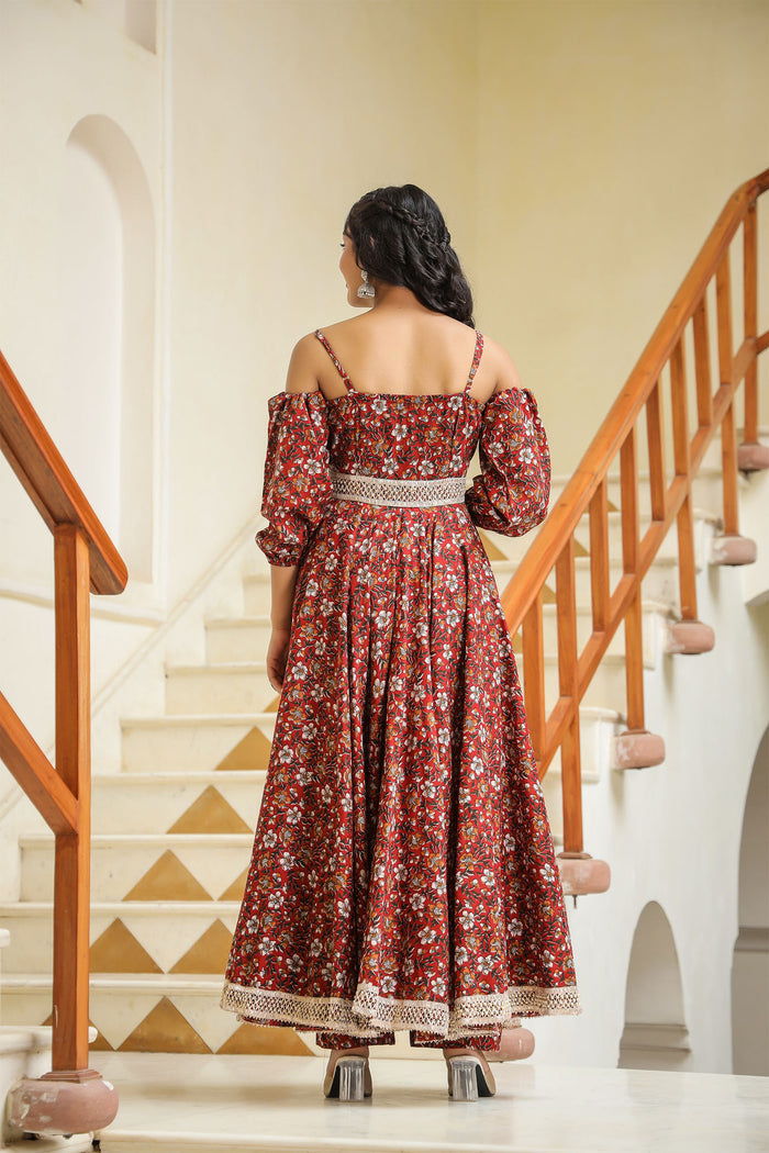 Maroon Cotton Floral Printed Gown Set