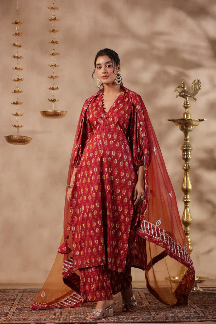 <img> Maroon Cotton Printed Kurti Set