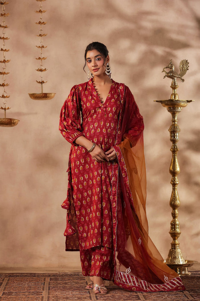 <img> Maroon Cotton Printed Kurti Set