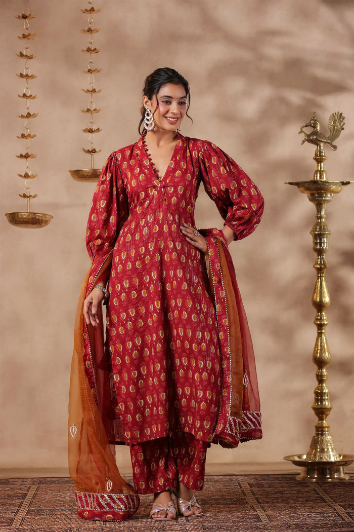 <img> Maroon Cotton Printed Kurti Set