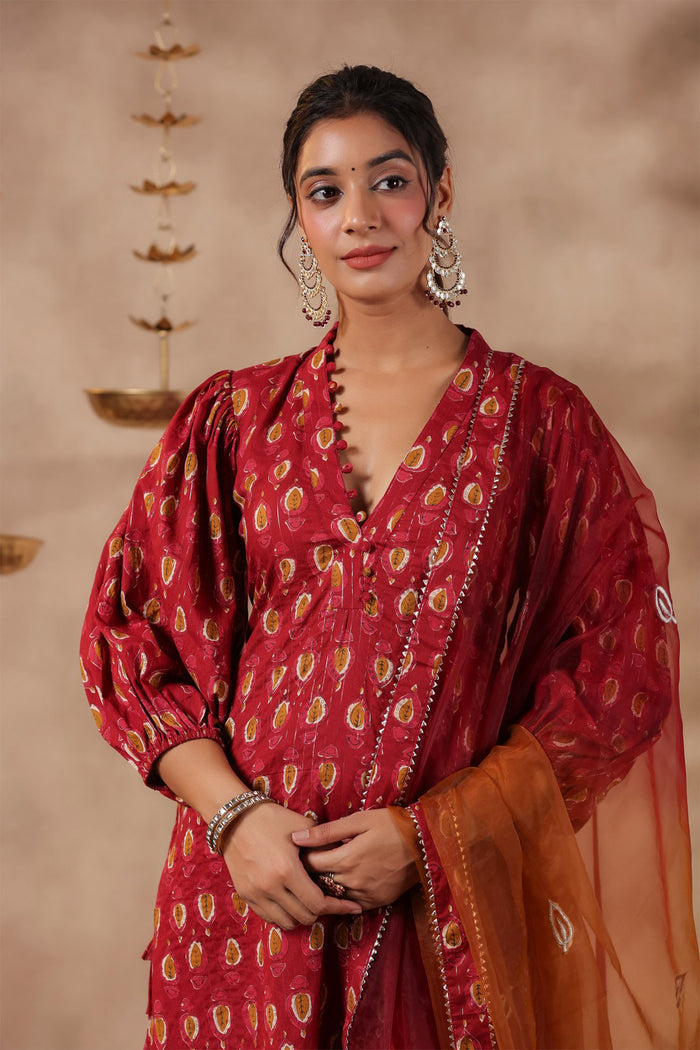 <img> Maroon Cotton Printed Kurti Set