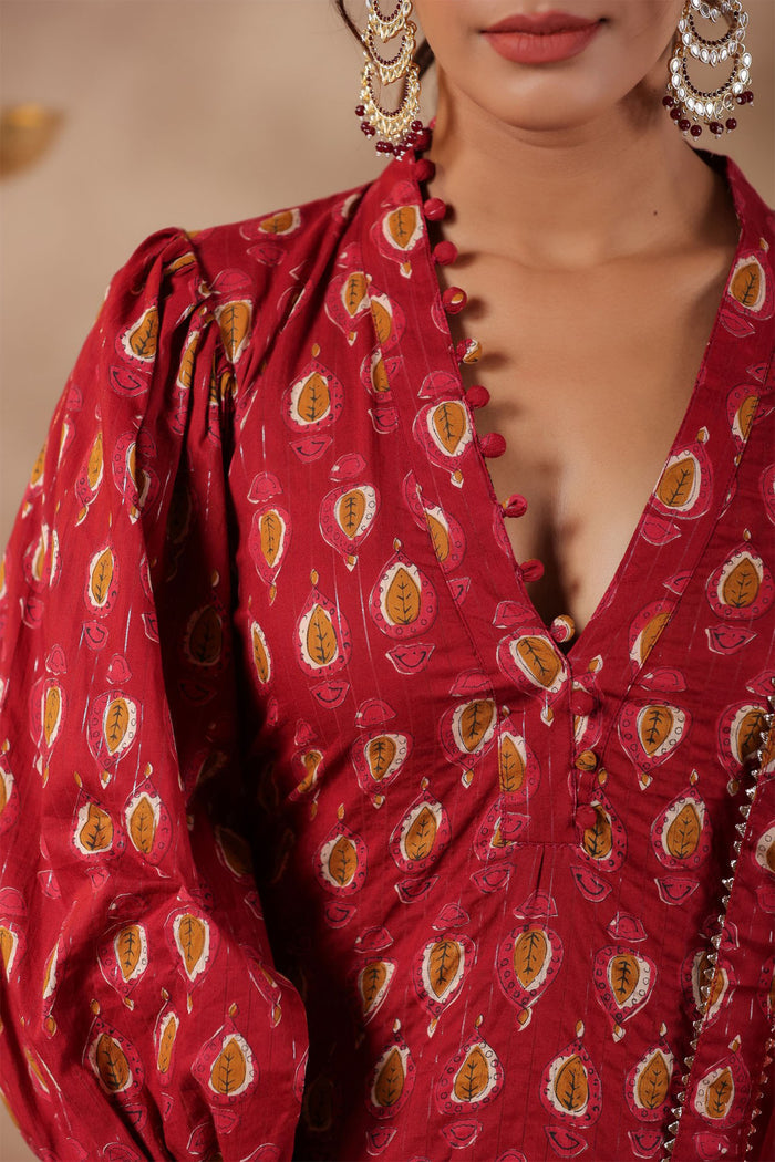 <img> Maroon Cotton Printed Kurti Set