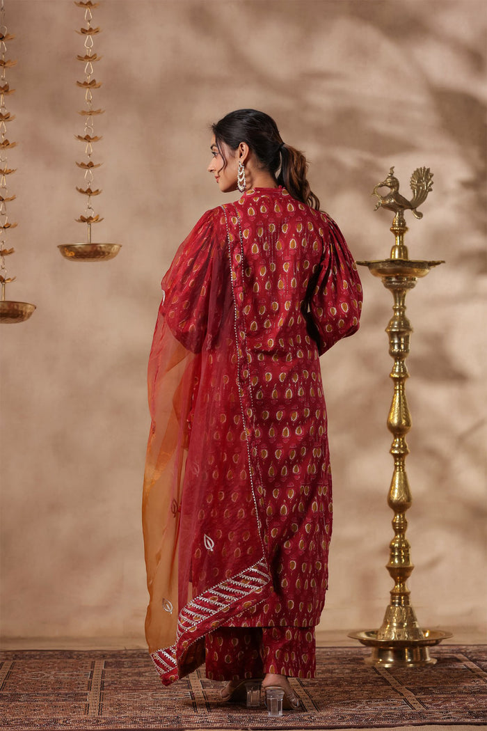 <img> Maroon Cotton Printed Kurti Set