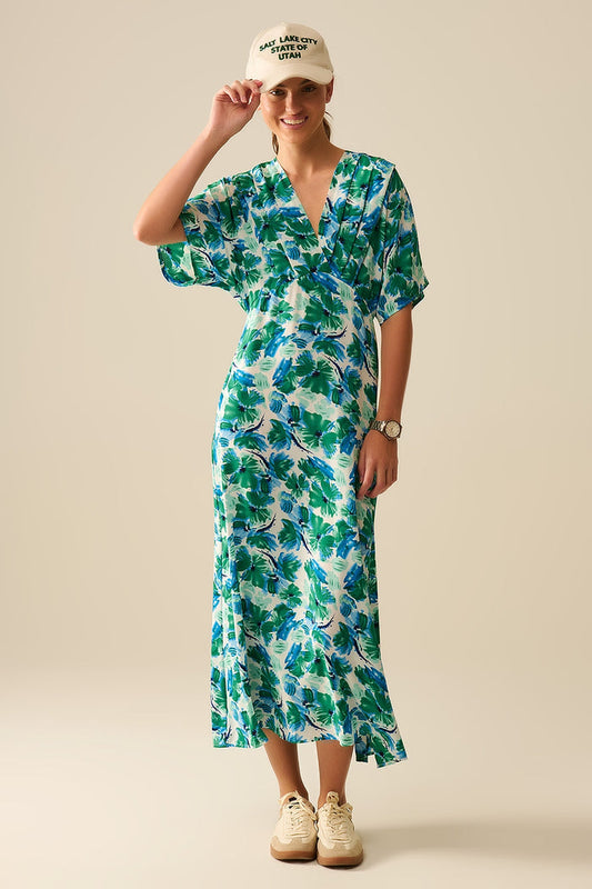 Maxi floral print dress in satin fabric with dropped sleeves - dress