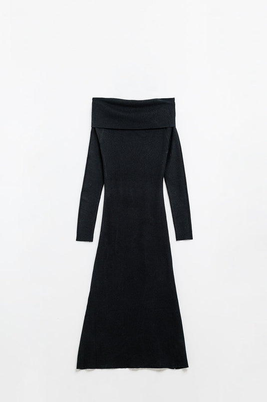 Maxi Knitted wide Bardot Dress in black - dress, Dresses