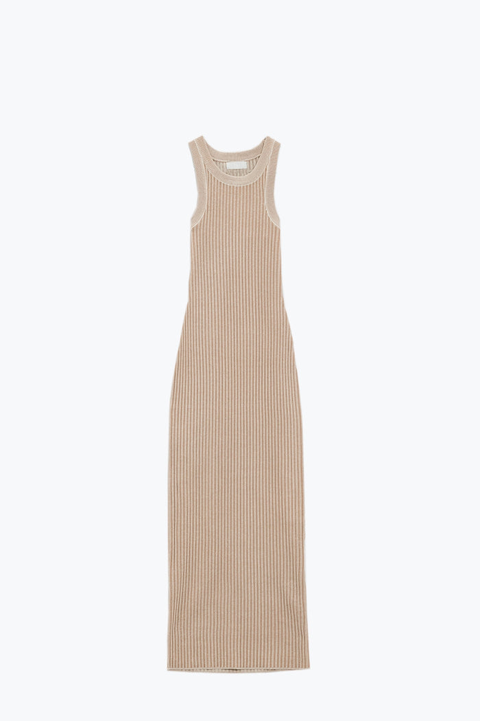 Maxi Sleeveless Halter Bodycon Ribbed Dress in beige - dress