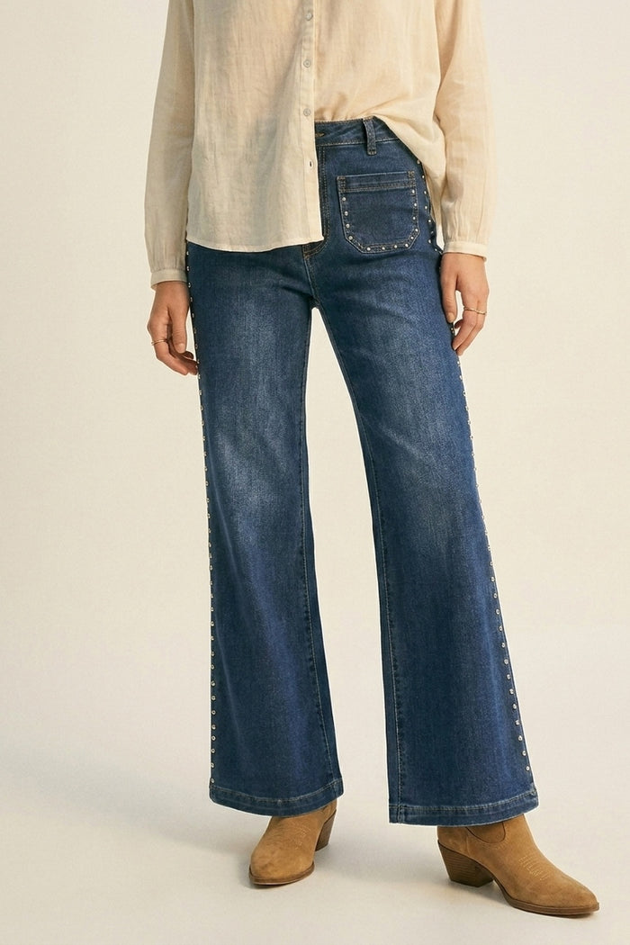 mid wash blue Flare-Leg Denim Jeans with Side Stud Detail - Denim