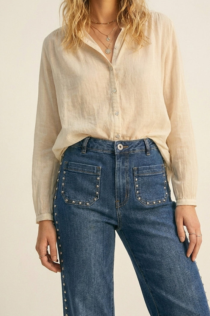 mid wash blue Flare-Leg Denim Jeans with Side Stud Detail - Denim