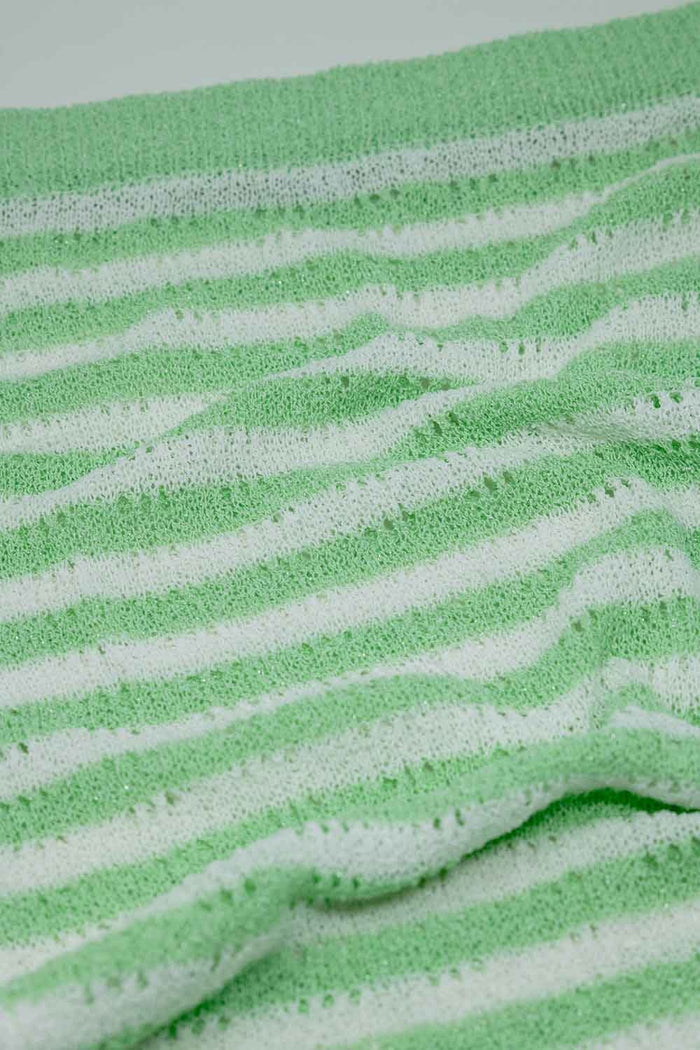 Midi Crochet White Skirt With Green Stripes and Fringe Hem