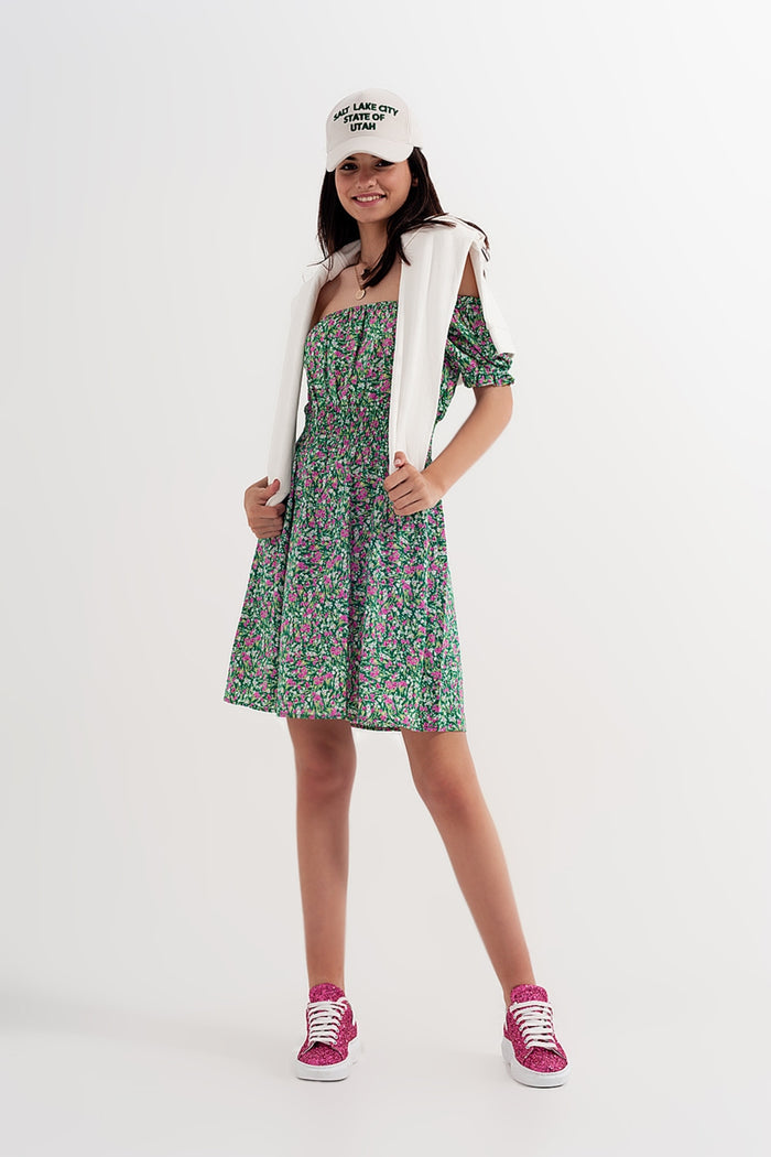 Mini dress with shirred detail in green ditsy floral print - dress