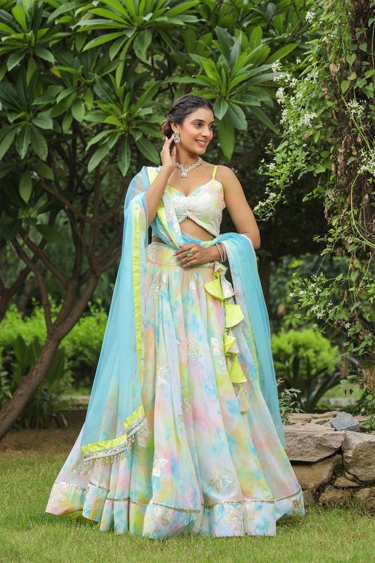 <img> Multicolour Georgette Floral Embroidered Lehenga Set