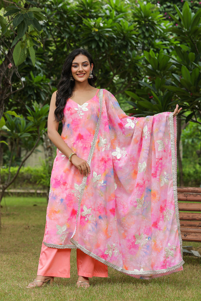 <img> Multicolour Pink Georgette Floral Embroidered Kurti Set