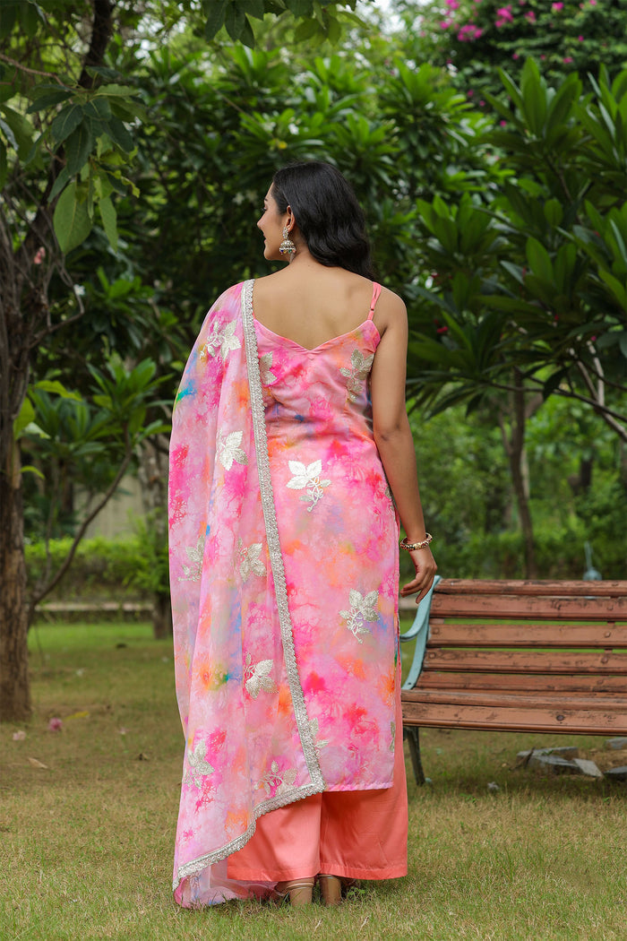 <img> Multicolour Pink Georgette Floral Embroidered Kurti Set
