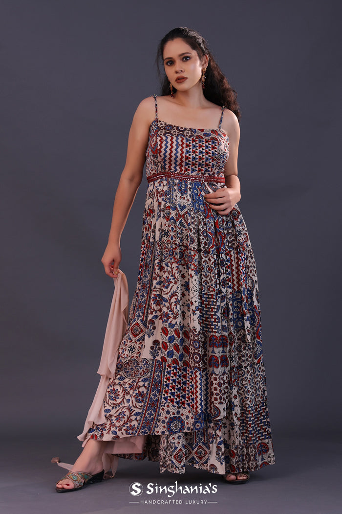 Multicolour Satin Crepe Printed Gown Set