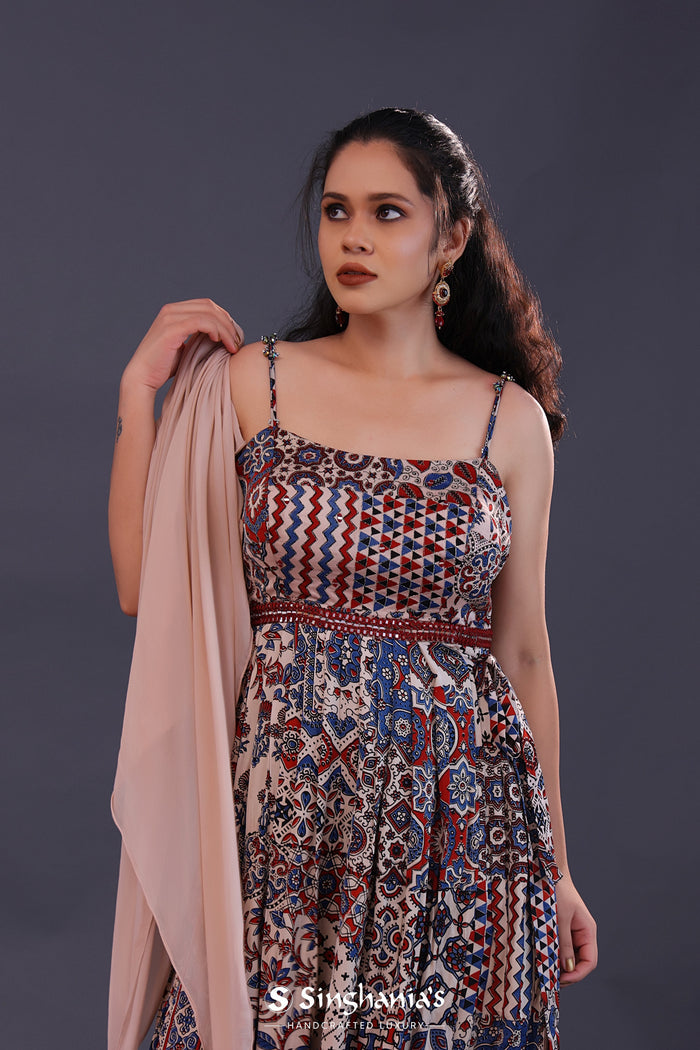 Multicolour Satin Crepe Printed Gown Set