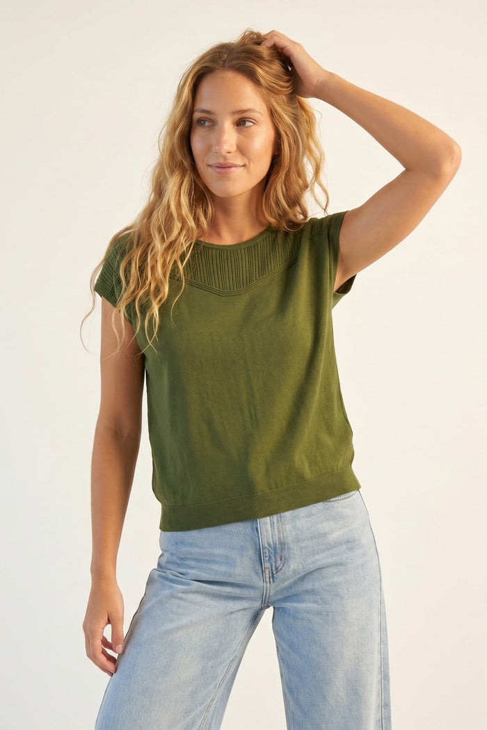 Olive Green Knit Cap Sleeve Sweater with Ribbed Detail