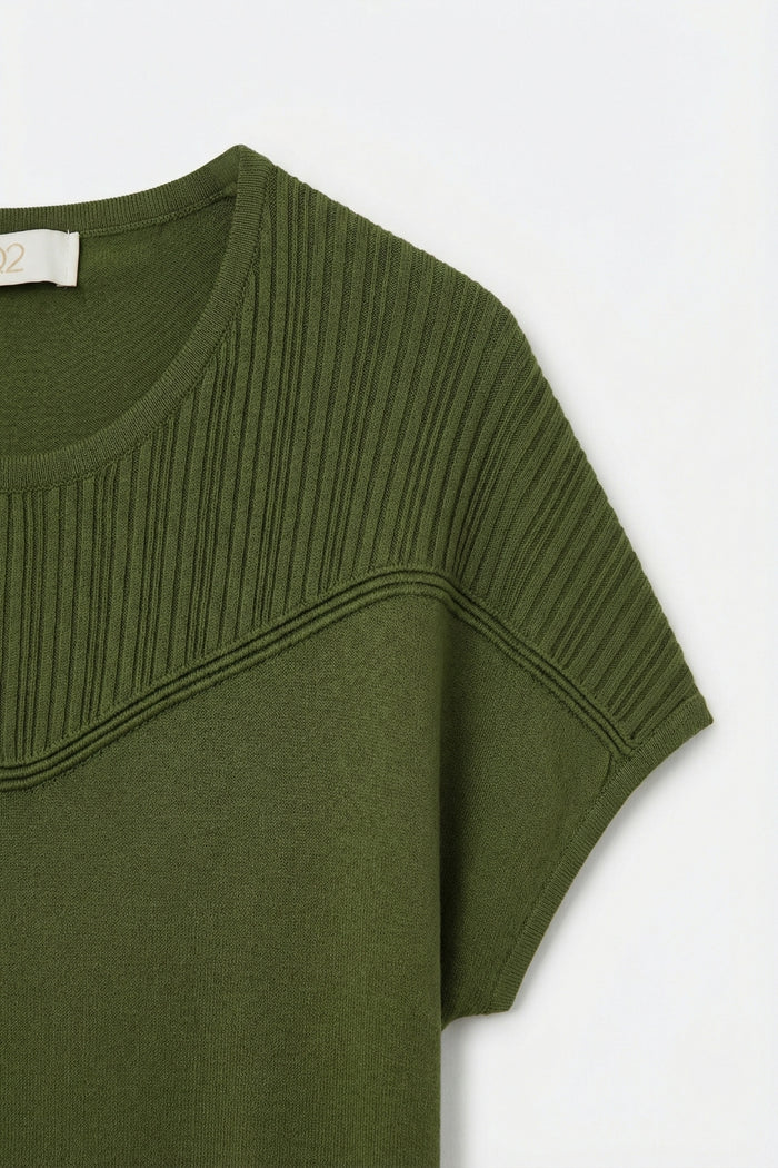 Olive Green Knit Cap Sleeve Sweater with Ribbed Detail