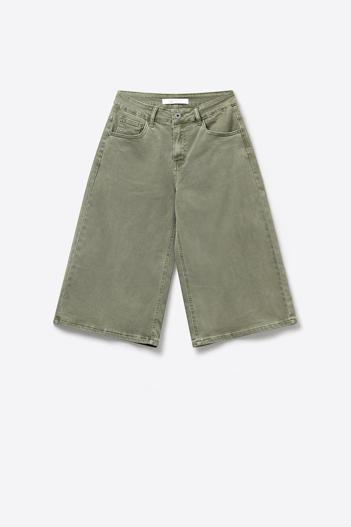 Olive Green Wide-Leg Cropped Denim bermuda Shorts - trousers
