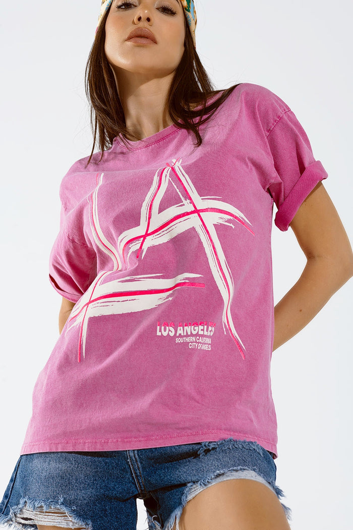 Oversized fuchsia t-shirt printed LA Los Angeles in white and fuchsia - top