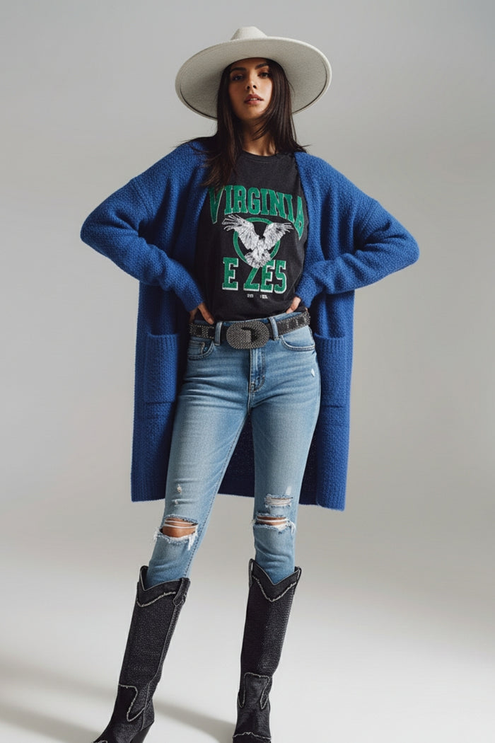 Oversized thick terry knit cardigan in blue