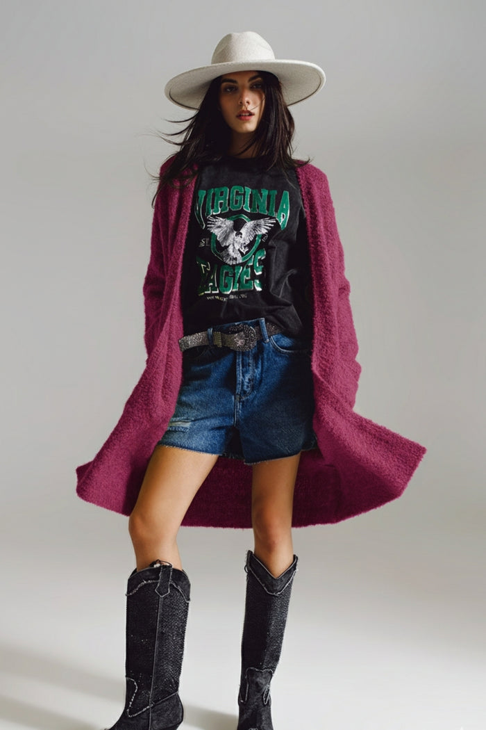 Oversized thick terry knit cardigan in fucsia