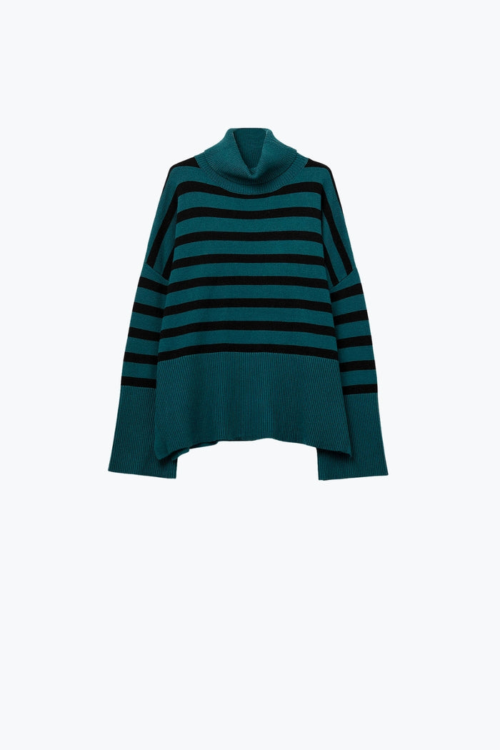 oversized turtleneck sweater with black stripes and splits on the side