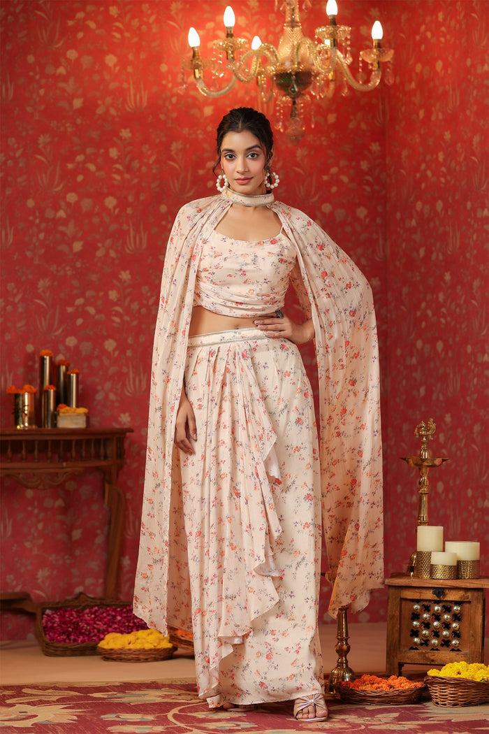 Pastel Cream Chinon Floral Printed Indo-Western Dhoti Set