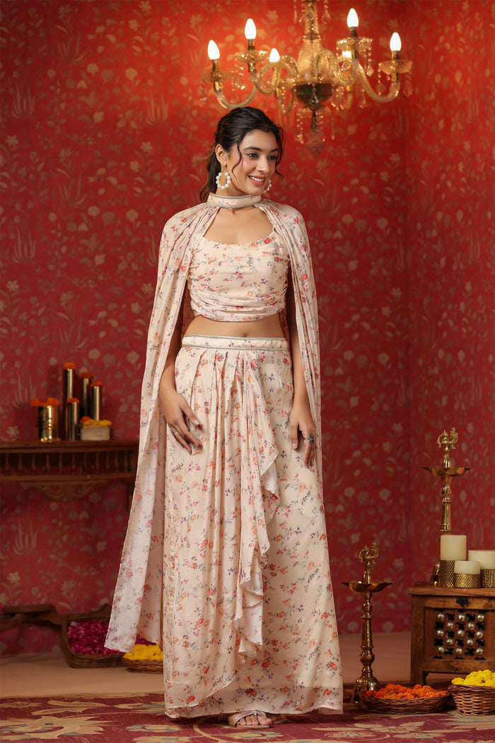 Pastel Cream Chinon Floral Printed Indo-Western Dhoti Set
