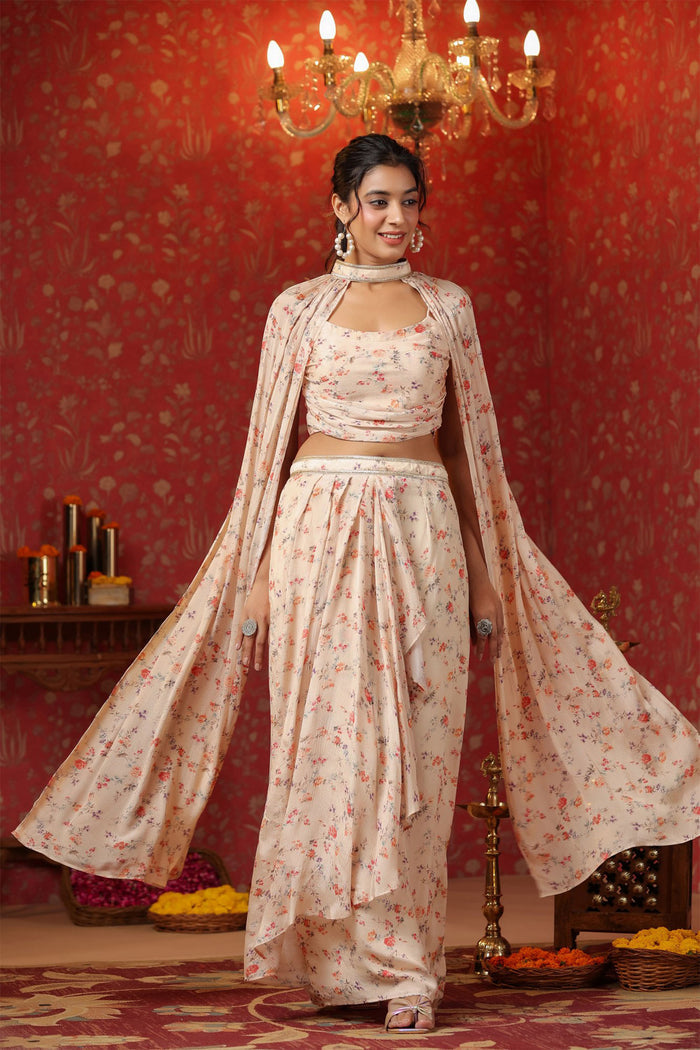 Pastel Cream Chinon Floral Printed Indo-Western Dhoti Set