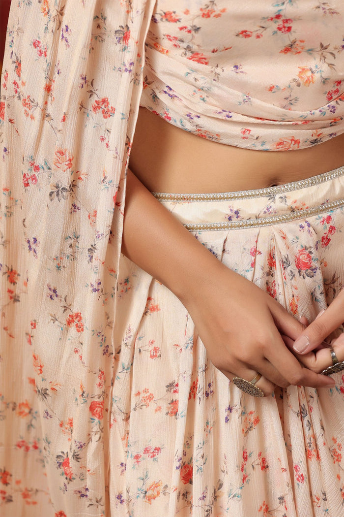Pastel Cream Chinon Floral Printed Indo-Western Dhoti Set