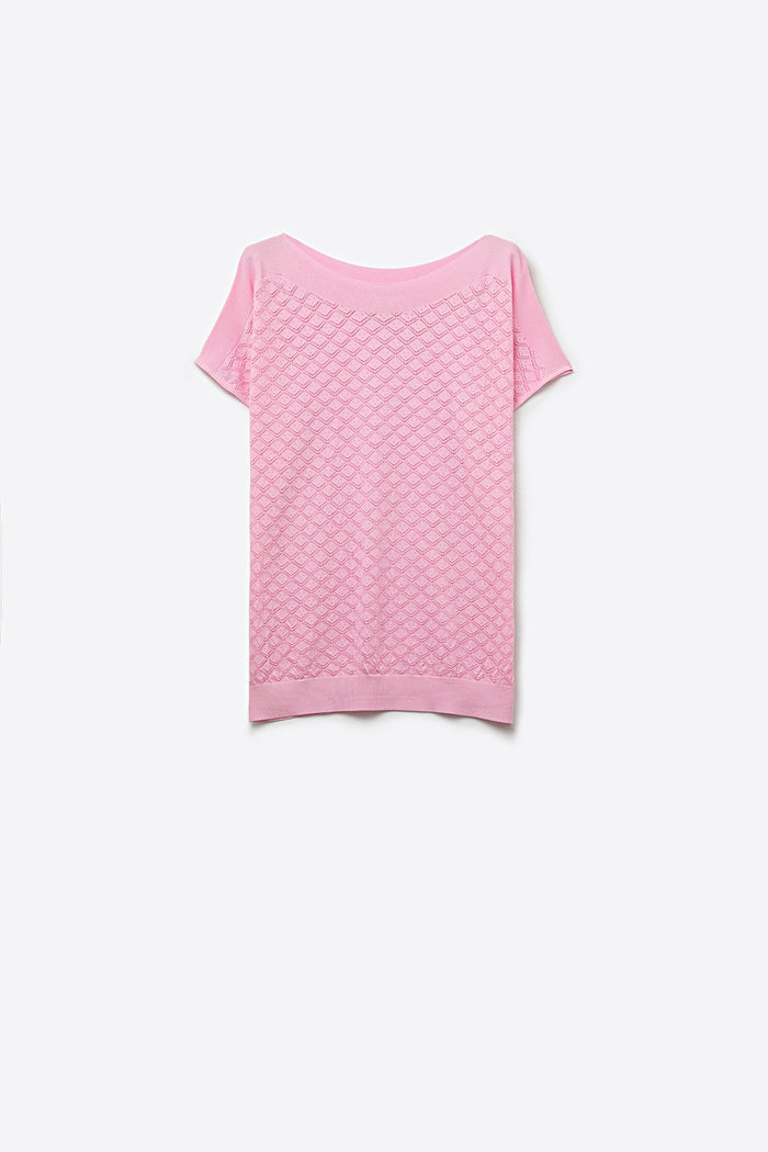 Pattern Textured Knit Short Sleeve Sweater in pink