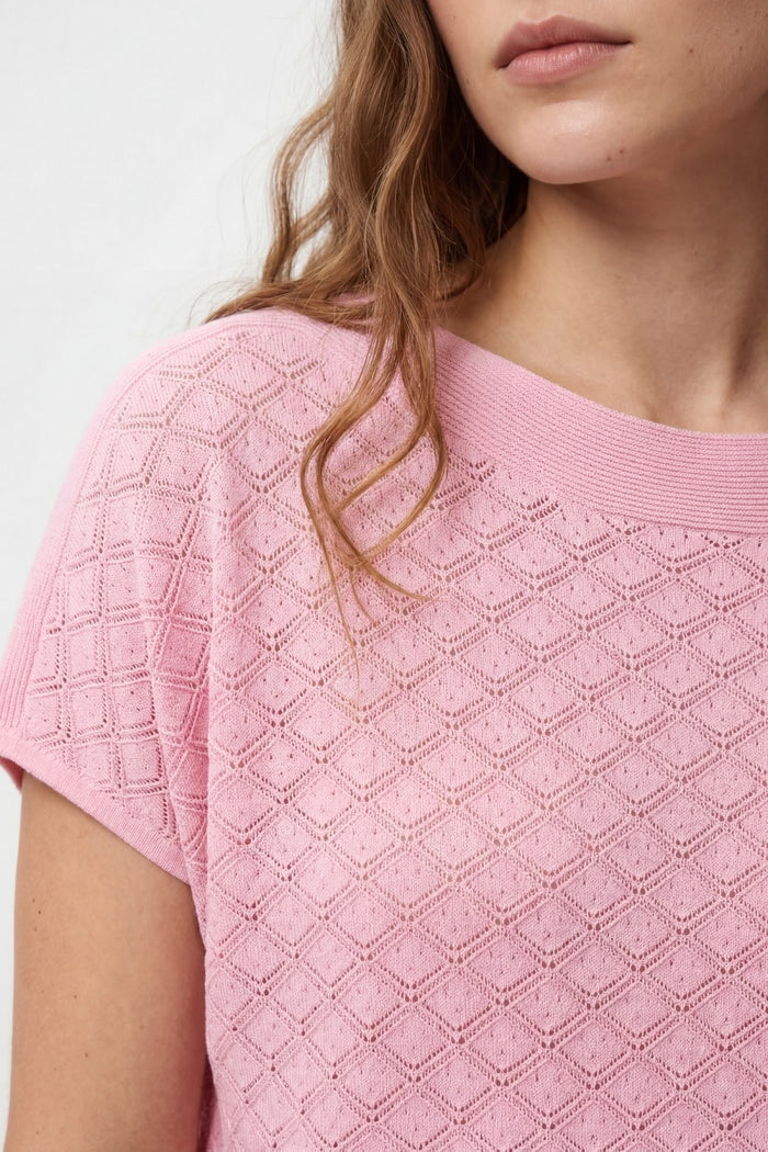 Pattern Textured Knit Short Sleeve Sweater in pink