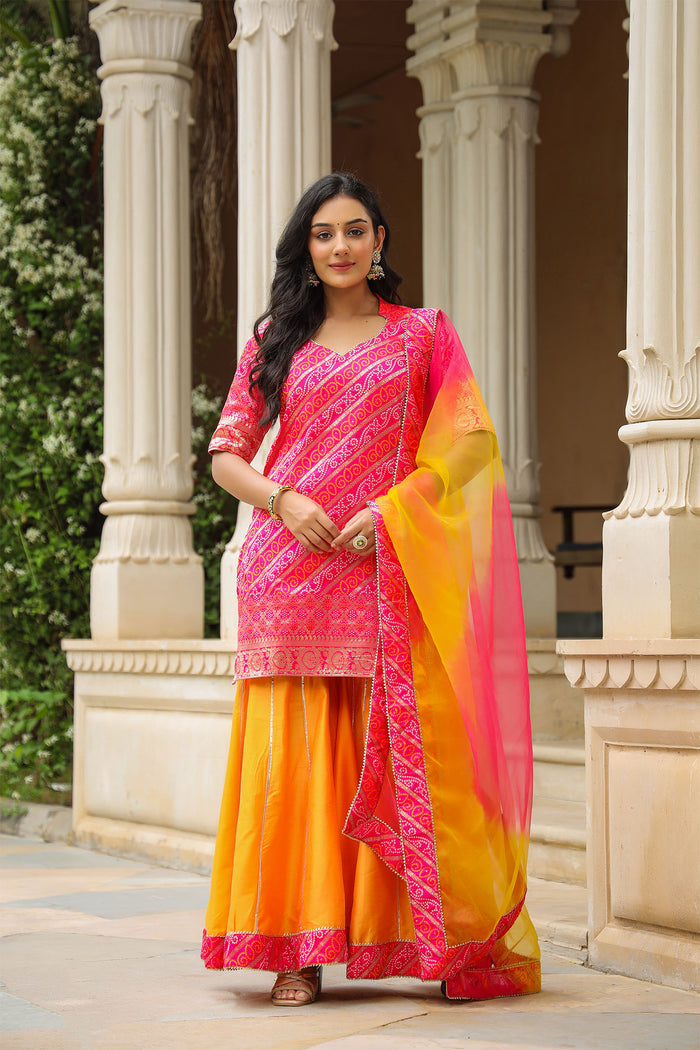 <img> Pink And Yellow Brocade Bandhani Printed Sharara Set