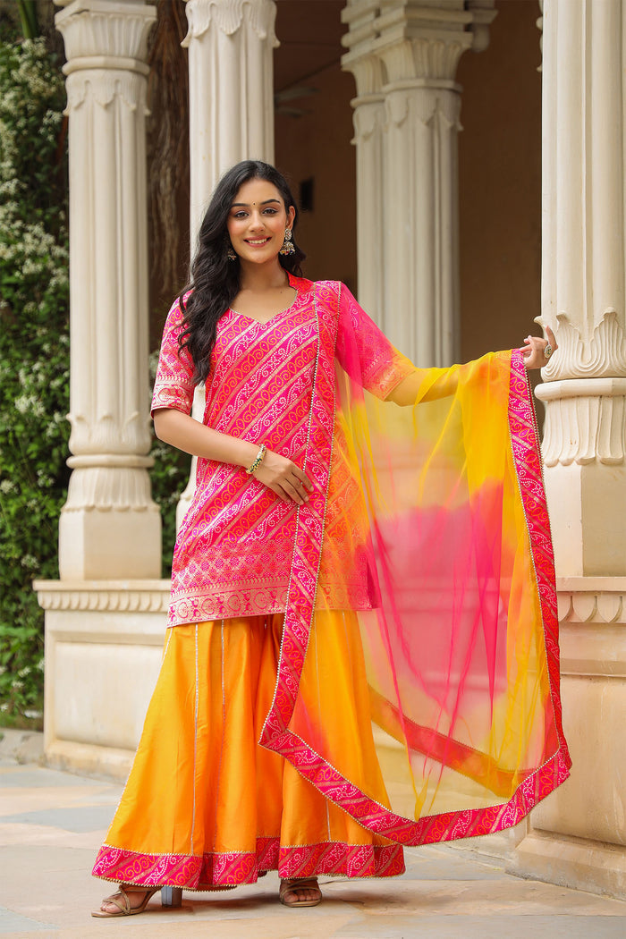 <img> Pink And Yellow Brocade Bandhani Printed Sharara Set