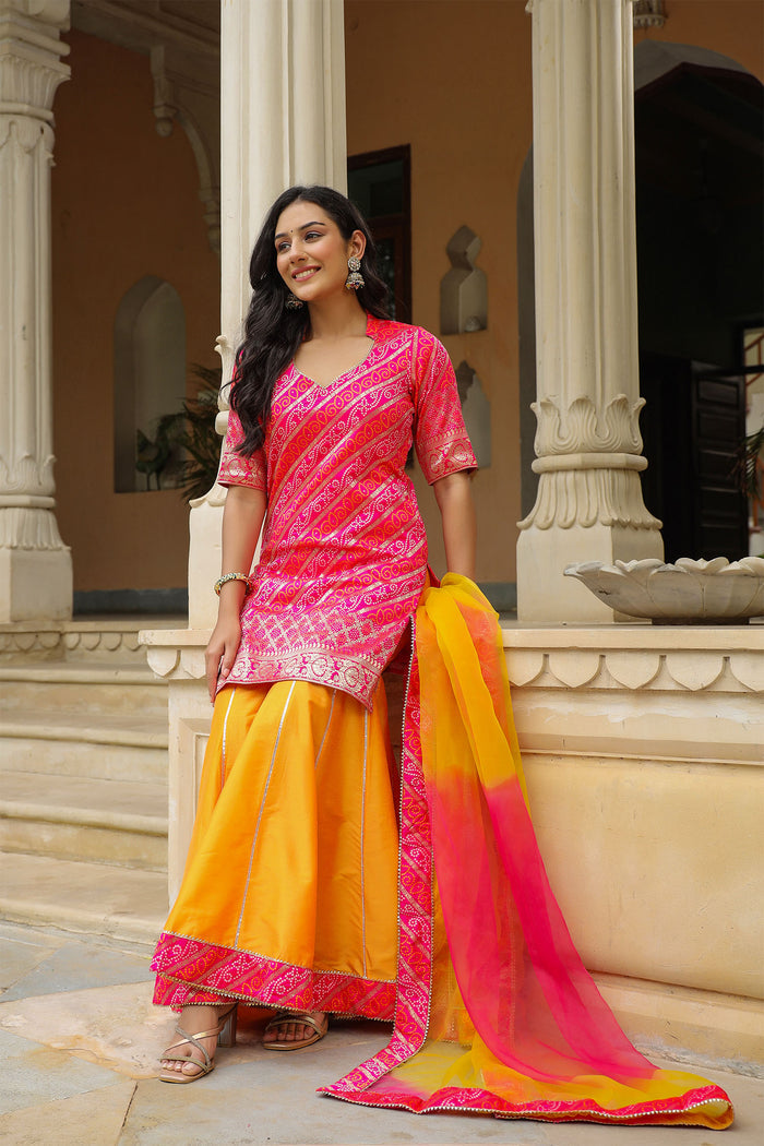 <img> Pink And Yellow Brocade Bandhani Printed Sharara Set