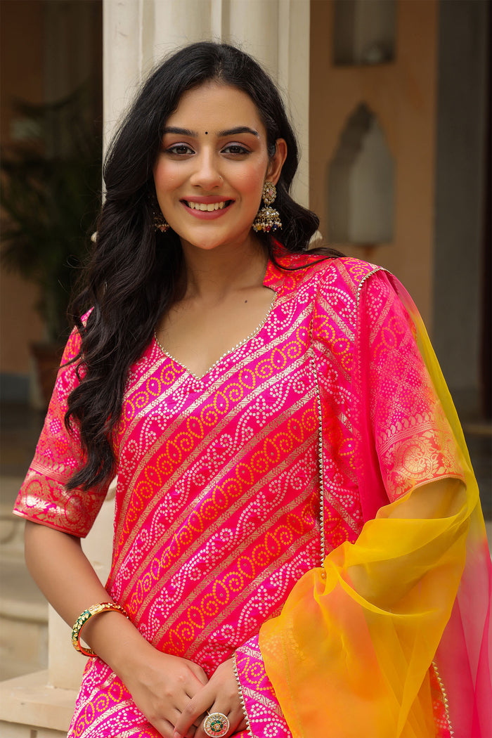 <img> Pink And Yellow Brocade Bandhani Printed Sharara Set