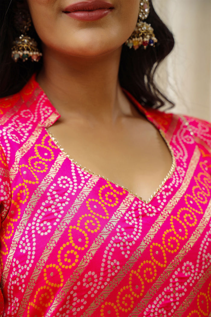 <img> Pink And Yellow Brocade Bandhani Printed Sharara Set