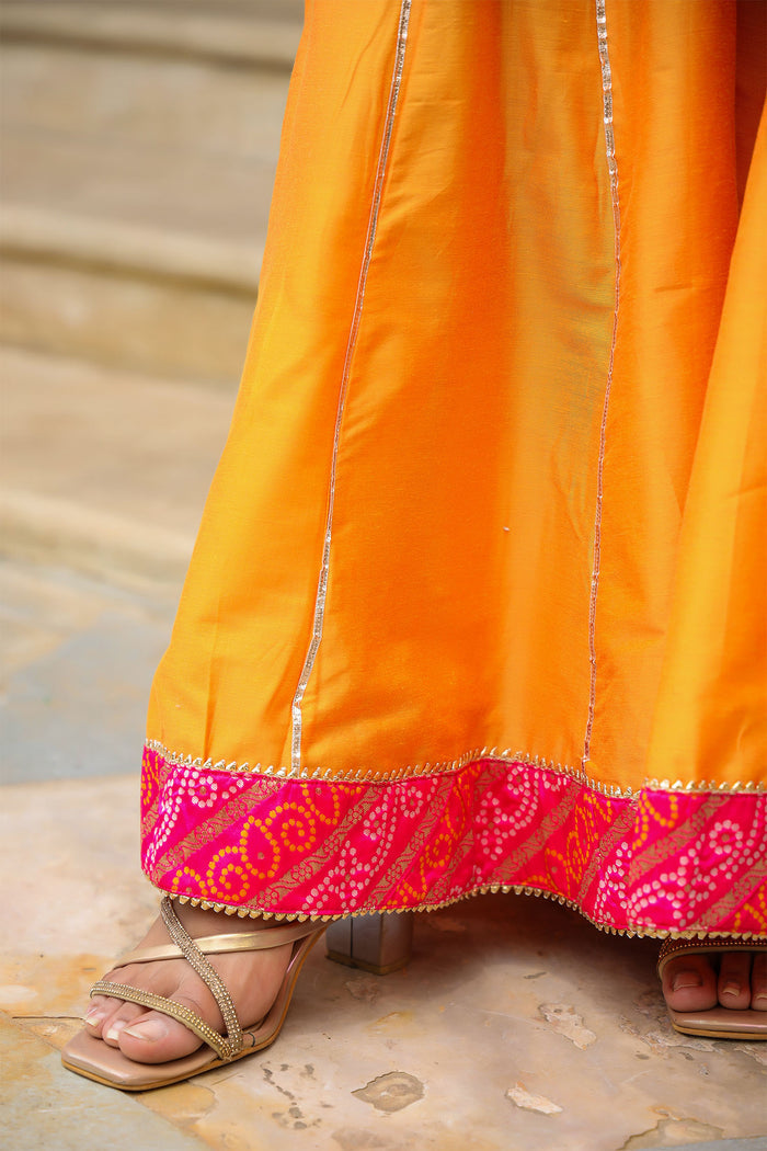 <img> Pink And Yellow Brocade Bandhani Printed Sharara Set