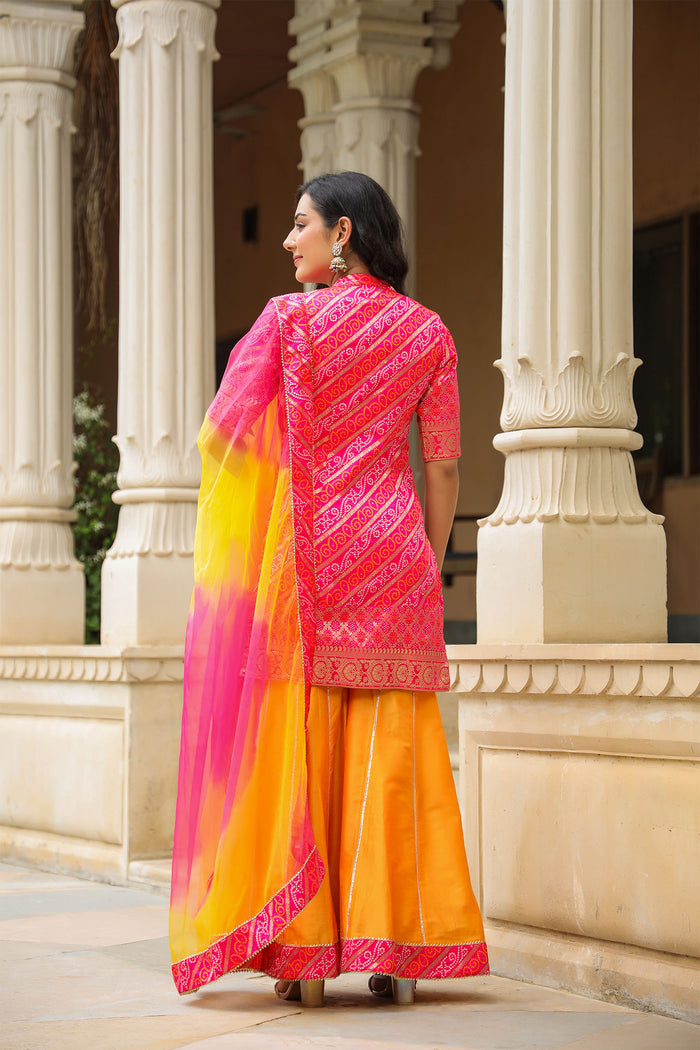 <img> Pink And Yellow Brocade Bandhani Printed Sharara Set