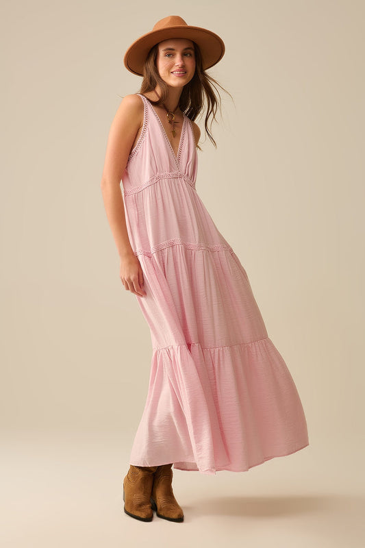Pink Maxi Dress With Lace Details and boho style - dress