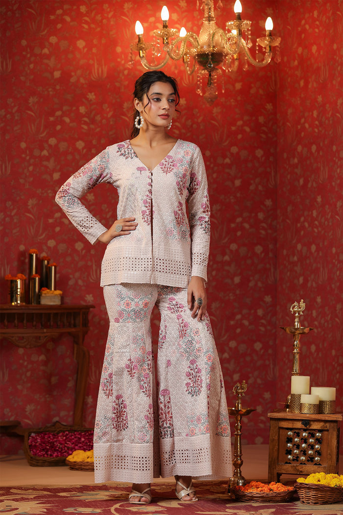 <img> Pinkish Cream Cotton Floral Printed Co-Ord Set
