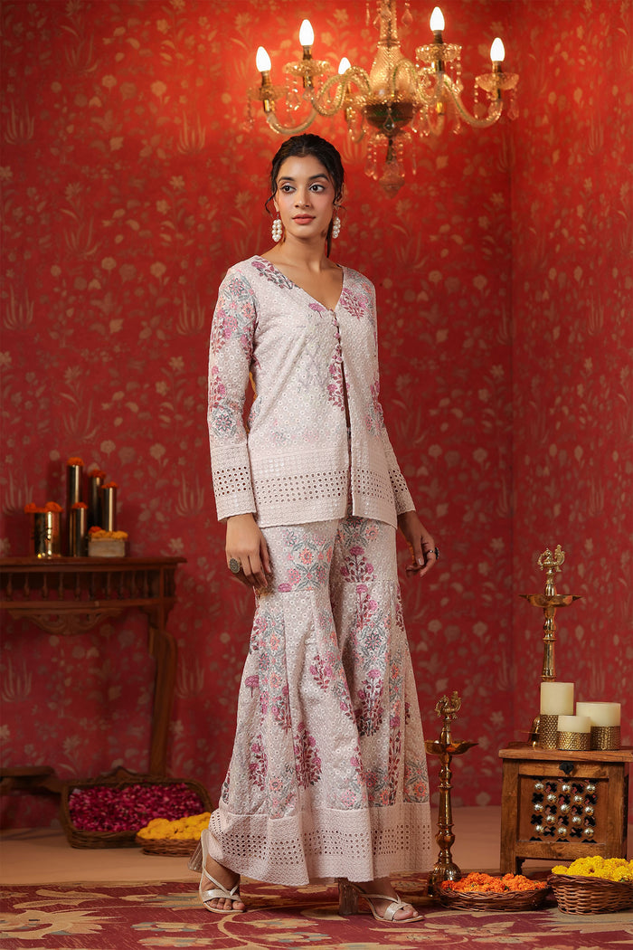 <img> Pinkish Cream Cotton Floral Printed Co-Ord Set