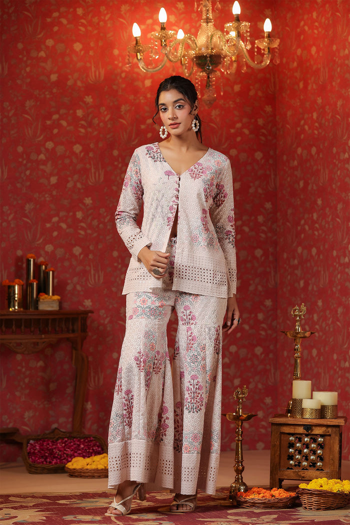 <img> Pinkish Cream Cotton Floral Printed Co-Ord Set