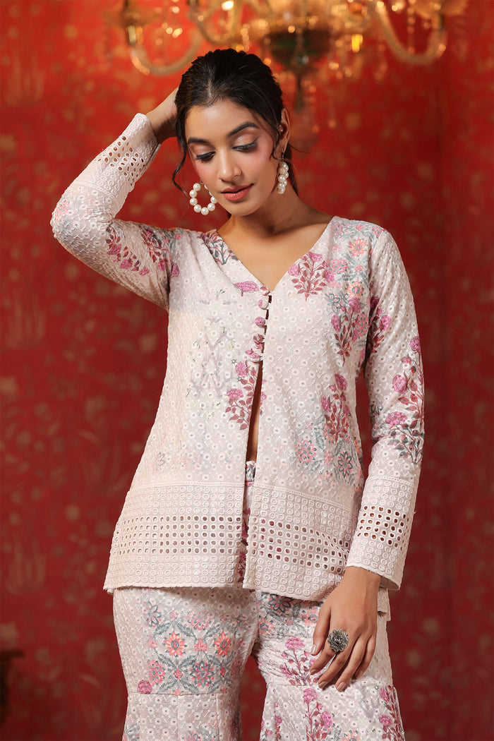 <img> Pinkish Cream Cotton Floral Printed Co-Ord Set