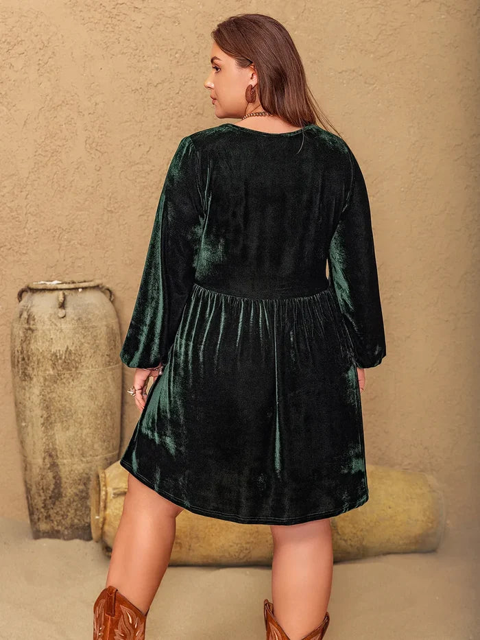 Plus Size Embroidered V-Neck Long Sleeve Dress - Dresses