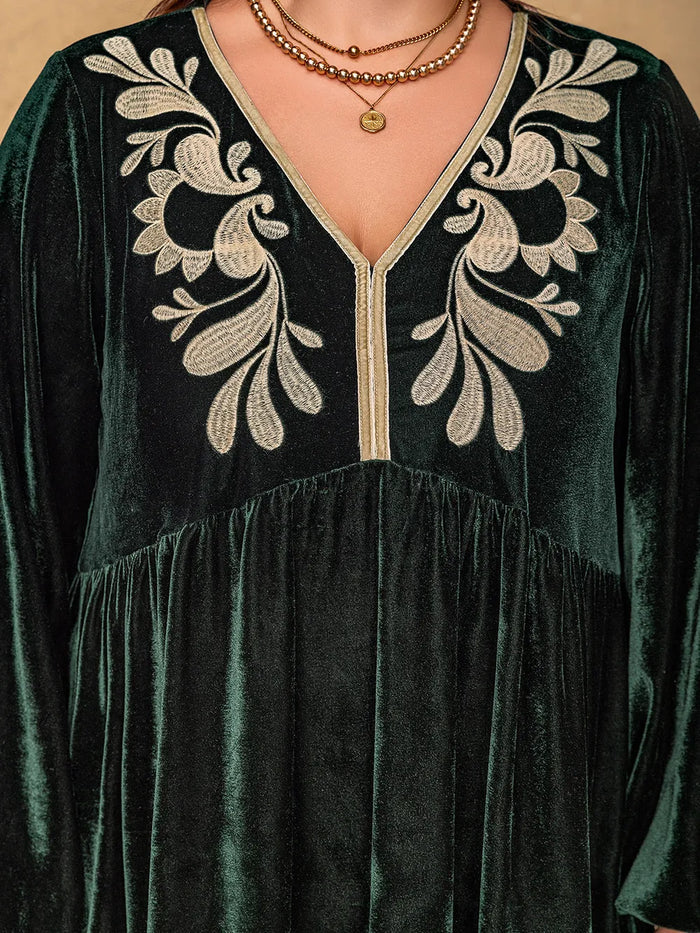 Plus Size Embroidered V-Neck Long Sleeve Dress - Dresses