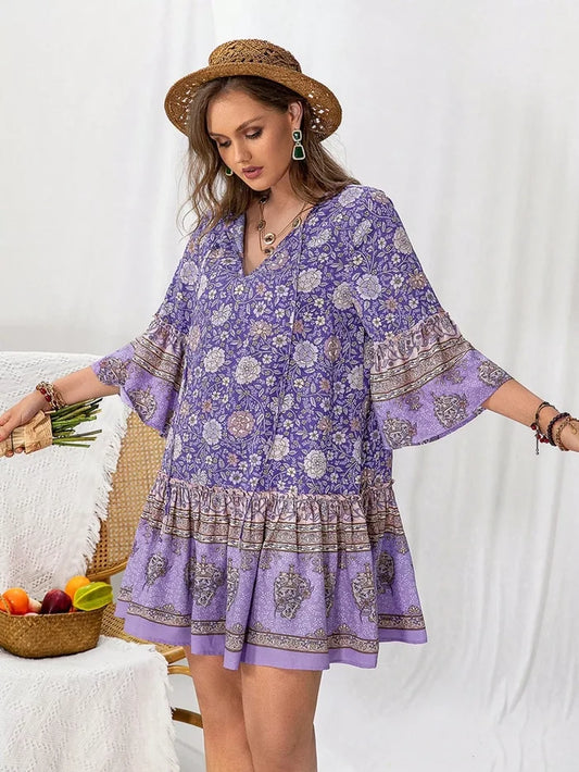 Plus Size Floral Print Ruffle Hem Mini Dress Lavender - Dresses